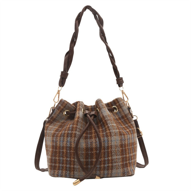 Wholesale Wool Contrast Color Casual Fashion One Shoulder Crossbody Bucket Bag